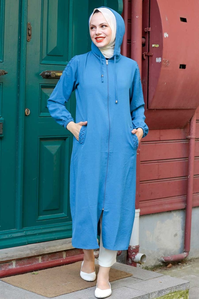 Neva Style - Manteau Hijab Bleu Indigo 15630IM - 2