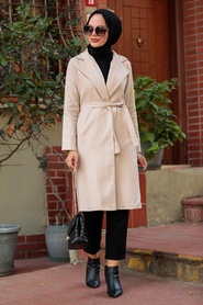 Neva Style -Manteau Hijab Cachet Beige 7013BEJ - Thumbnail