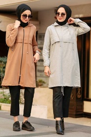 Neva Style - Manteau Hijab Camel 7148C - Thumbnail