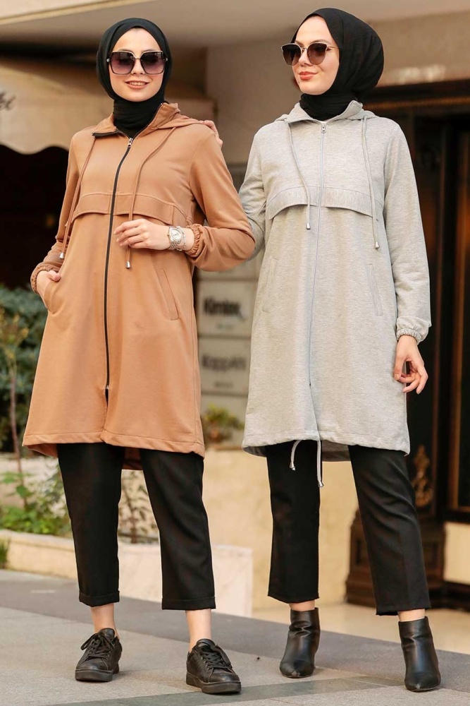 Neva Style - Manteau Hijab Camel 7148C - 5