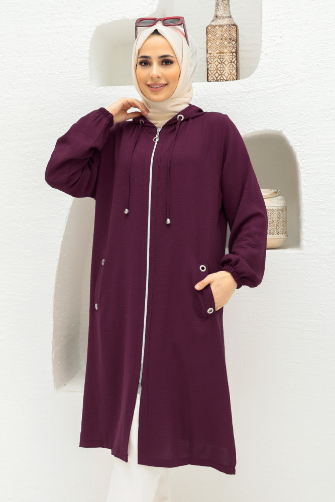 Neva Style - Manteau Hijab Couleur Prune 2585MU - 1