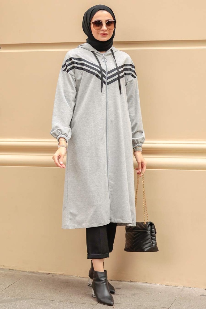 Neva Style - Manteau Hijab Gris 3216GR - 1