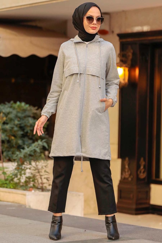  Neva Style - Manteau Hijab Gris 7148GR - 2