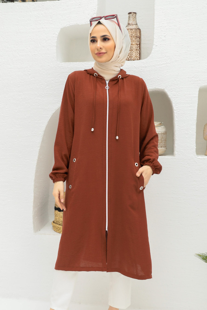 Neva Style - Manteau Hijab Marron 2585KH - 1