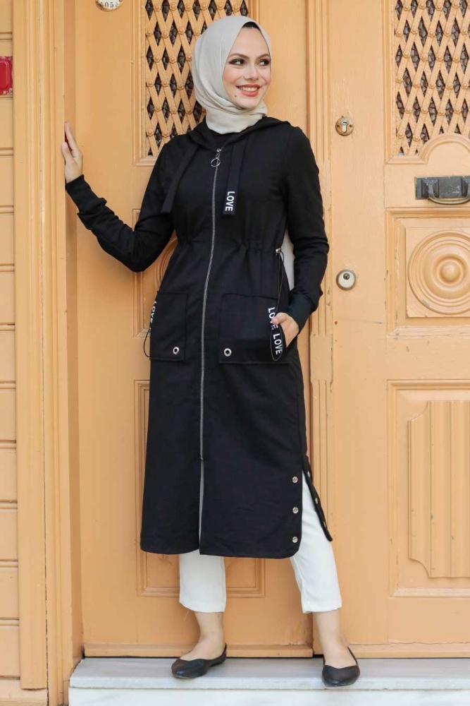 Neva Style - Manteau Hijab Noir 4402S - 2