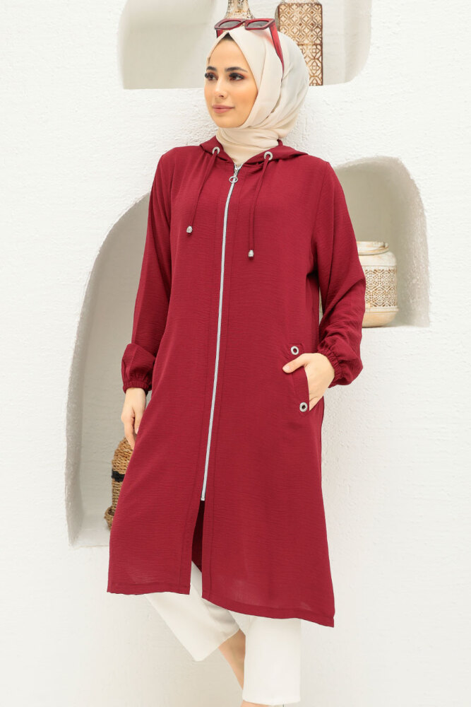 Neva Style - Manteau Hijab Rouge Bordeaux 2585BR - 1
