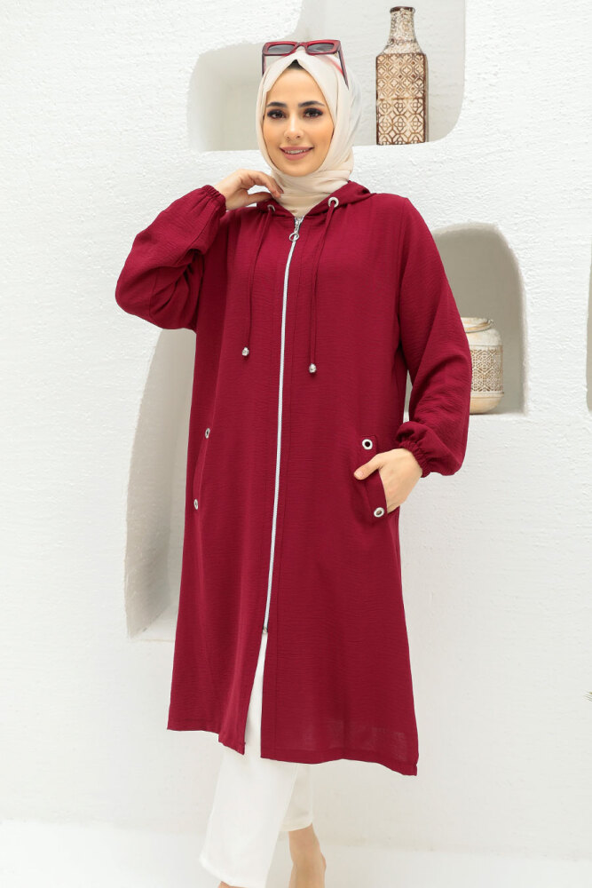 Neva Style - Manteau Hijab Rouge Bordeaux 2585BR - 2