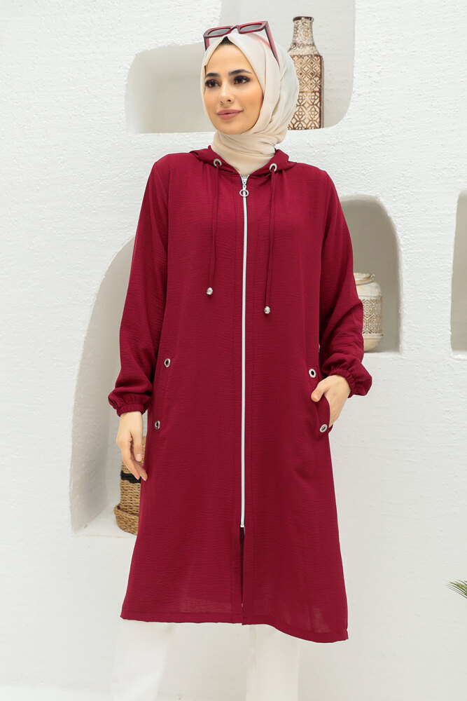 Neva Style - Manteau Hijab Rouge Bordeaux 2585BR - 3