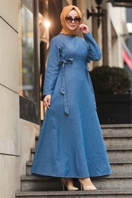 Neva Style - Mavi Tesettür Kot Elbise 43190M - Thumbnail