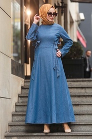 Neva Style - Mavi Tesettür Kot Elbise 43190M - Thumbnail