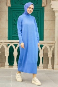 Neva Style - Mavi Tesettür Triko Elbise 3409M - Thumbnail