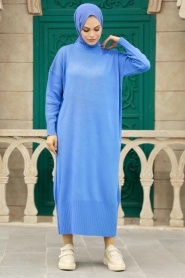 Neva Style - Mavi Tesettür Triko Elbise 3409M - Thumbnail