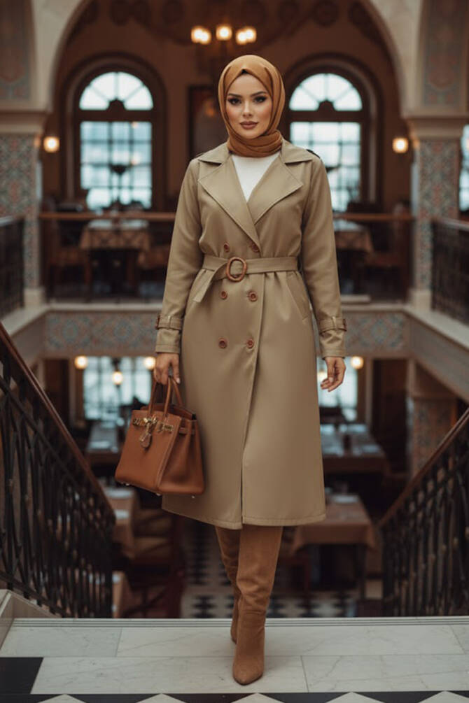 Mink Hijab Turkish Trench Coat 5942V - 1