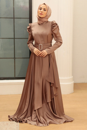 Neva Style - Mink Turkish Hijab Prom Dress 3401V - 1