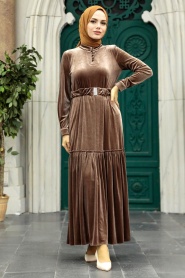 Neva Style - Mink Velvet Hijab Dress 36971V - Thumbnail