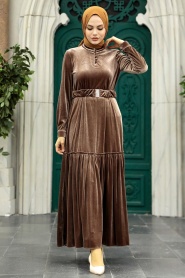 Neva Style - Mink Velvet Hijab Dress 36971V - Thumbnail