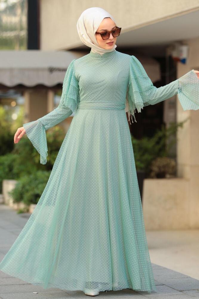 Puantiyeli Mint Tesettür Elbise 8175MINT - 1
