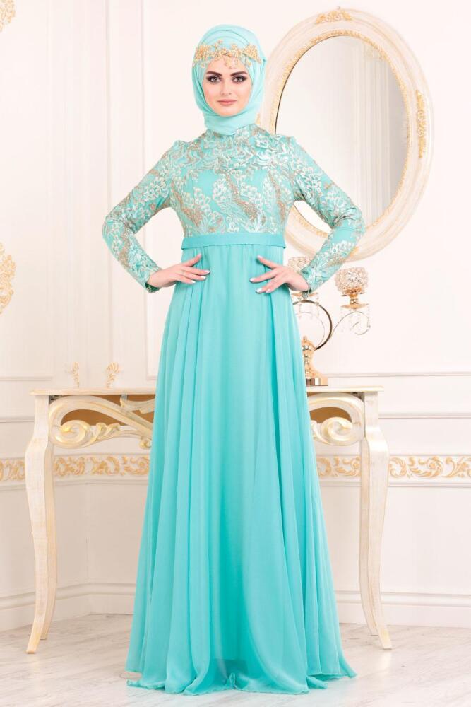 Çiçek Desenli Mint Tesettür Abiye Elbise 8495MINT - 1