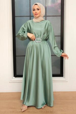 Neva Style - Mint Saten Tesettür Elbise 5727MINT - 1