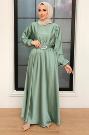 Neva Style - Mint Saten Tesettür Elbise 5727MINT - Thumbnail