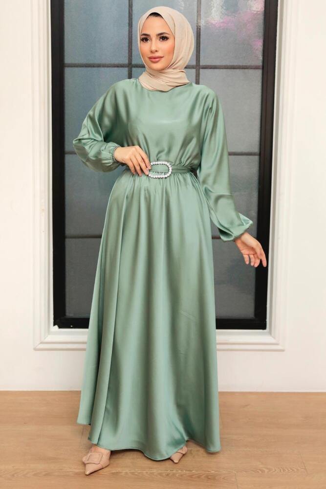 Neva Style - Mint Saten Tesettür Elbise 5727MINT - 2