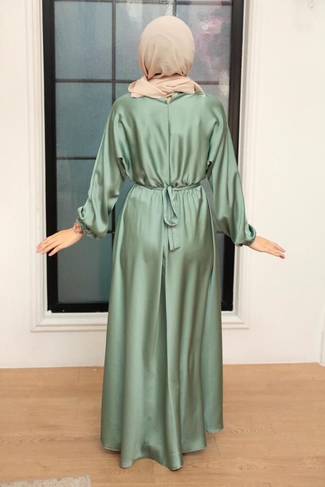 Neva Style - Mint Saten Tesettür Elbise 5727MINT - 3