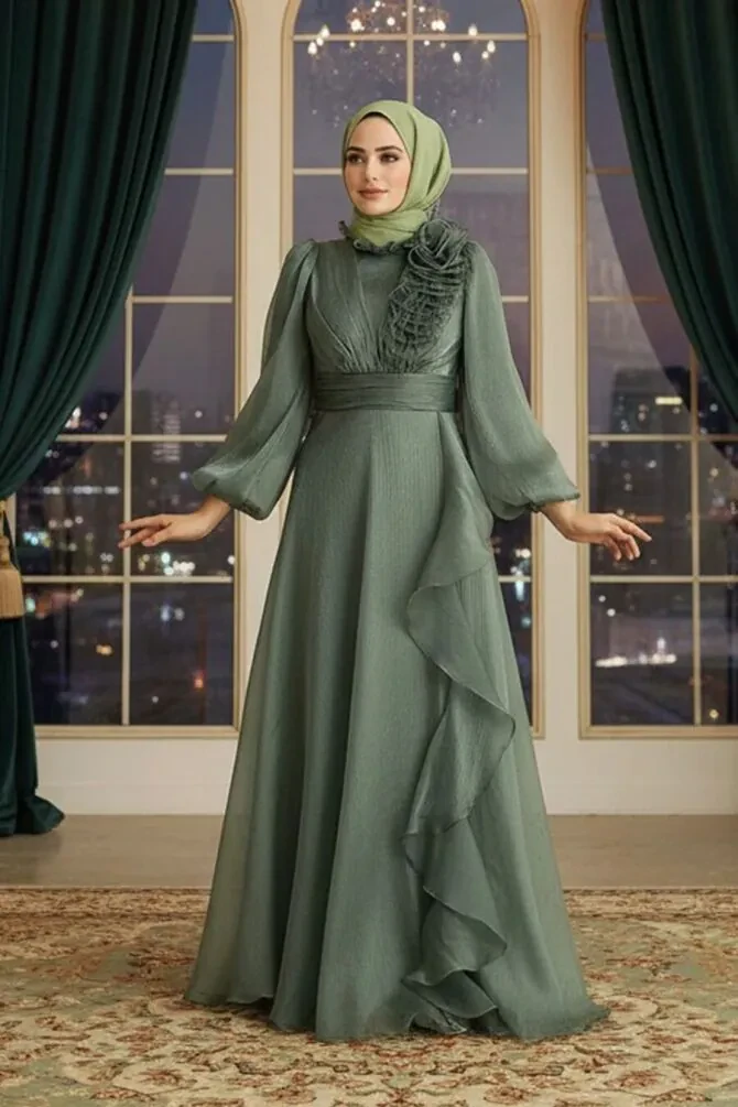 Neva Style - Modern Almond Green Hijab Evening Dress 22321CY - 1