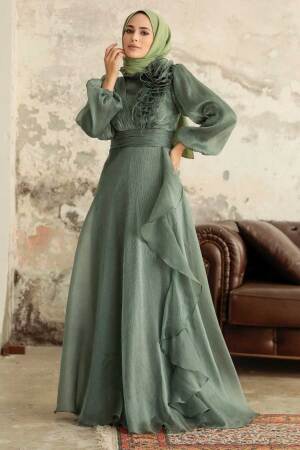 Neva Style - Modern Almond Green Hijab Evening Dress 22321CY - 3