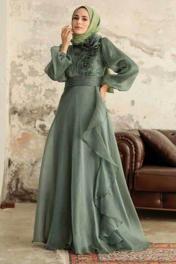 Neva Style - Modern Almond Green Hijab Evening Dress 22321CY - 3