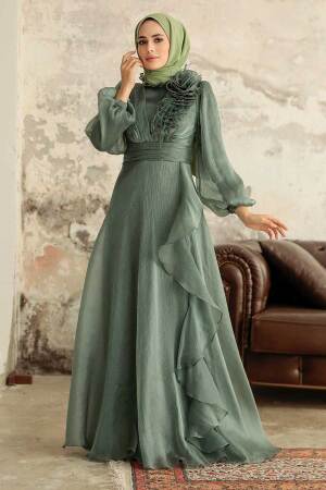 Neva Style - Modern Almond Green Hijab Evening Dress 22321CY - 2