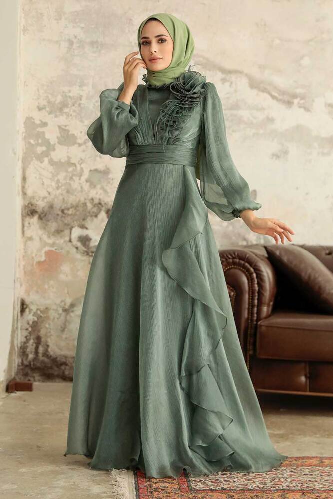 Neva Style - Modern Almond Green Hijab Evening Dress 22321CY - 2