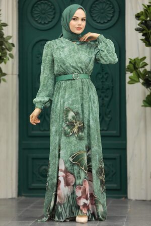 Neva Style - Modern Almond Green Modest Islamic Clothing Prom Dress 39211CY - Thumbnail