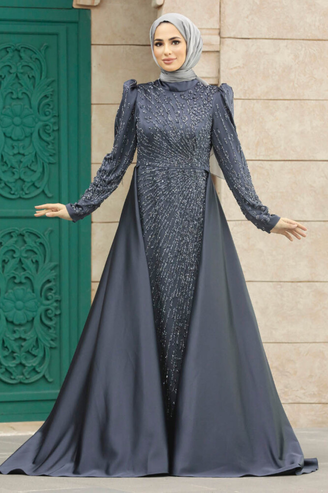 Modern Anthracite Modest Islamic Clothing Wedding Dress 23310ANT - 2