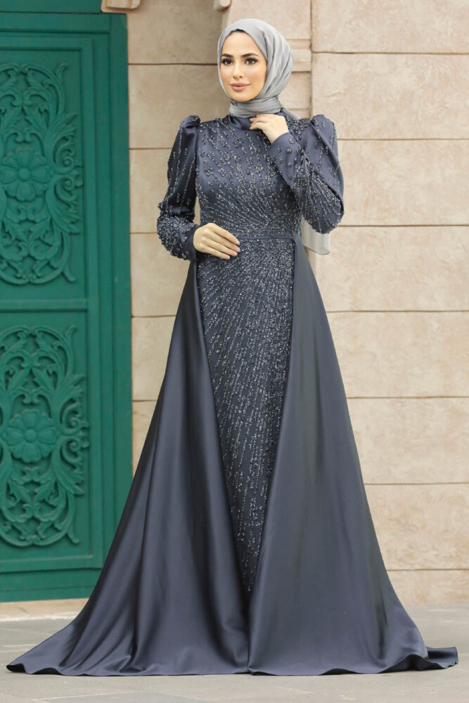 Modern Anthracite Modest Islamic Clothing Wedding Dress 23310ANT - 1