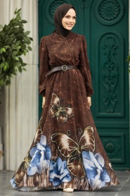Neva Style - Modern Brown Modest Islamic Clothing Prom Dress 39211KH - Thumbnail
