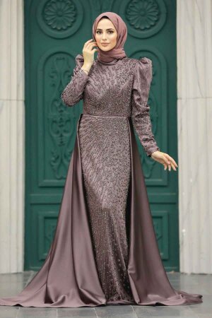 Modern Brown Modest Islamic Clothing Wedding Dress 23310KH - 3