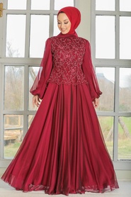Neva Style - Modern Claret Red Islamic Clothing Evening Gown 3322BR - Thumbnail