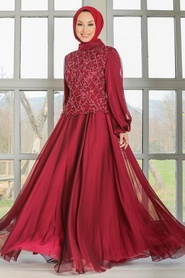Neva Style - Modern Claret Red Islamic Clothing Evening Gown 3322BR - Thumbnail