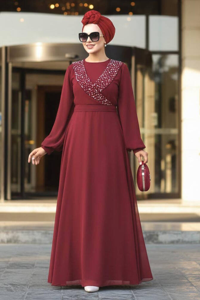 Modern Claret Red Modest Prom Dress 22153BR - 1