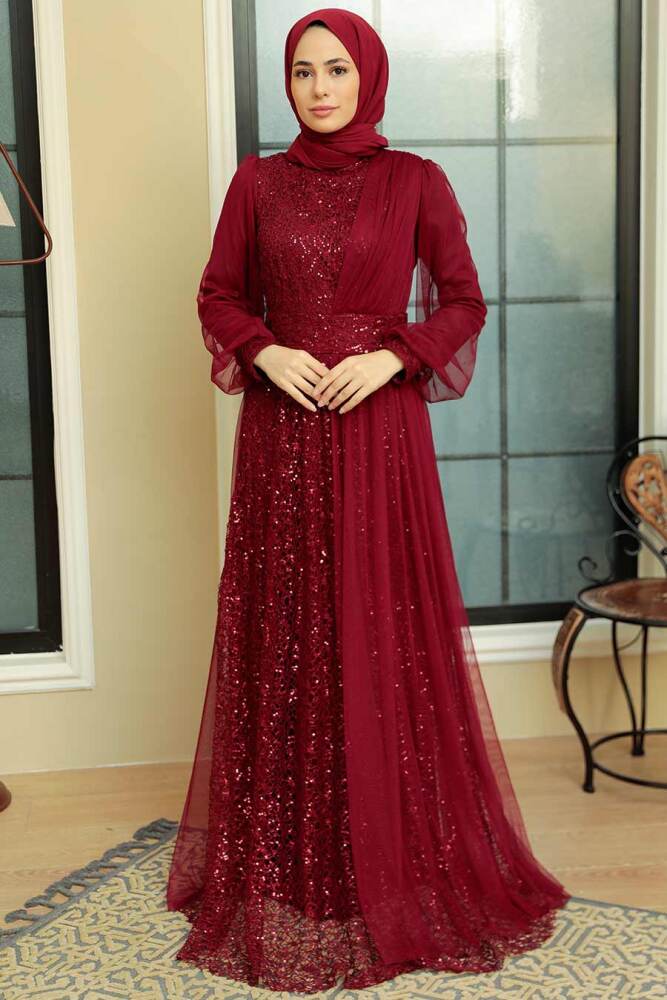 Neva Style - Modern Claret Red Muslim Wedding Gown 5696BR - 1