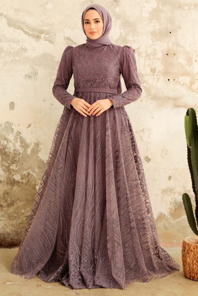 Neva Style - Modern Dark Lila Islamic Clothing Engagement Dress 2294KLILA - 2