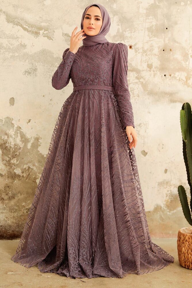 Neva Style - Modern Dark Lila Islamic Clothing Engagement Dress 2294KLILA - 1