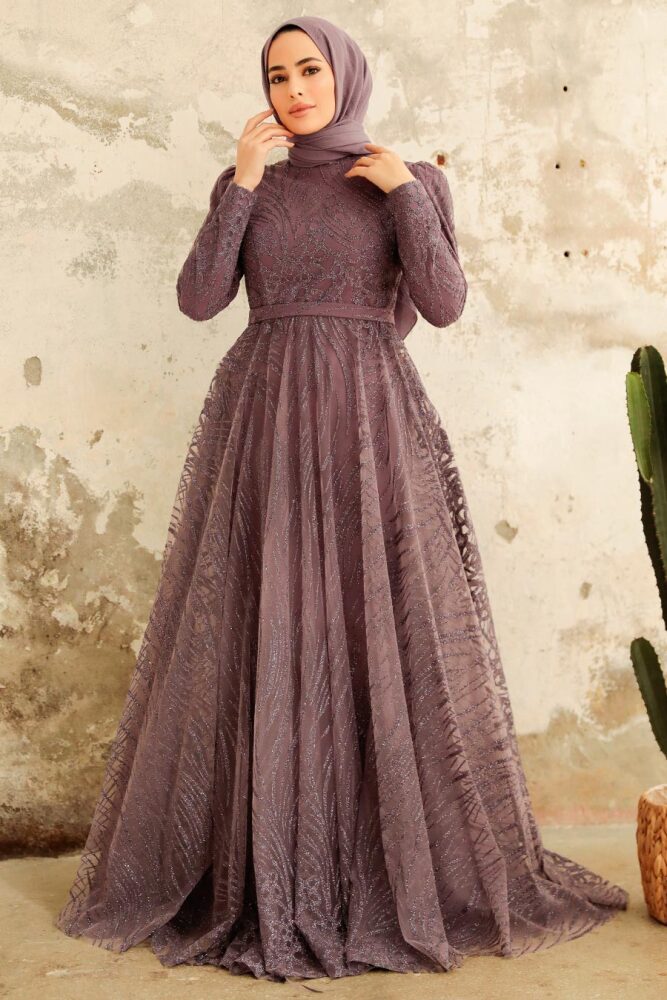 Neva Style - Modern Dark Lila Islamic Clothing Engagement Dress 2294KLILA - 3