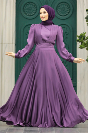 Neva Style - Modern Dark Lila Islamic Clothing Wedding Dress 40621KLILA - Thumbnail