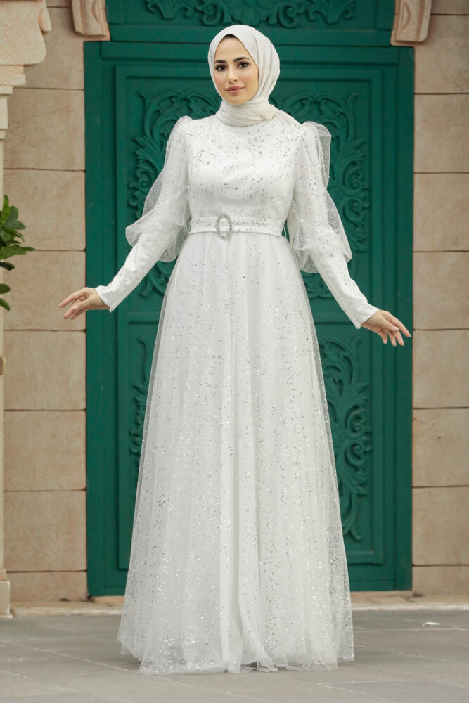Modern Ecru Hijab Wedding Dress 23041E - 1