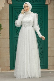 Neva Style - Modern Ecru Hijab Wedding Dress 23041E - Thumbnail