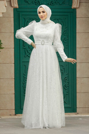 Neva Style - Modern Ecru Hijab Wedding Dress 23041E - Thumbnail