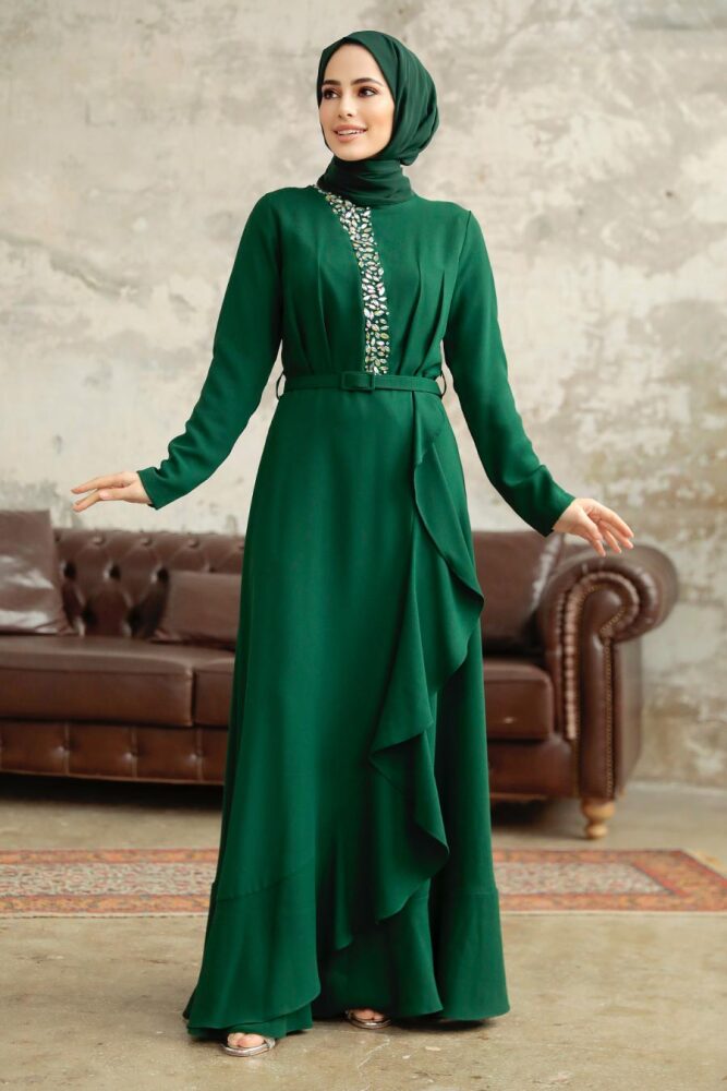 Modern Emerald Green Hijab Wedding Dress 37320ZY - 1