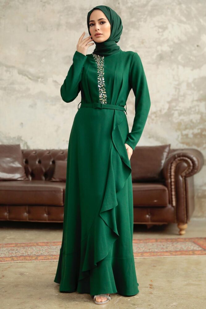 Modern Emerald Green Hijab Wedding Dress 37320ZY - 3