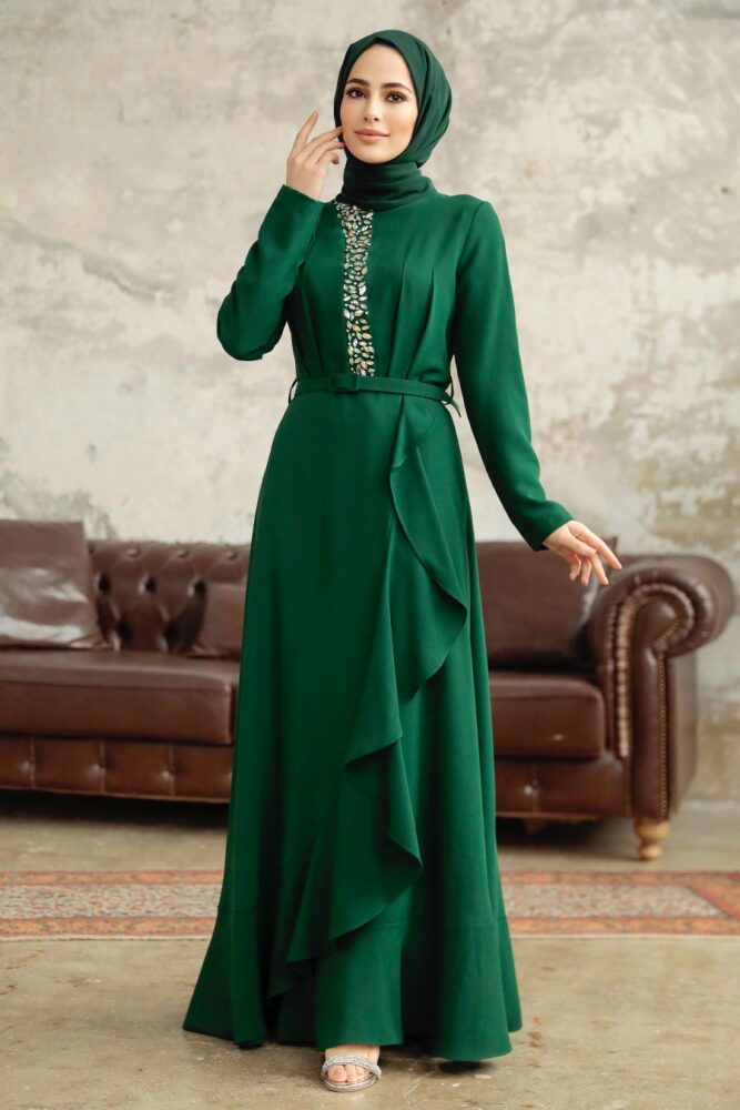 Modern Emerald Green Hijab Wedding Dress 37320ZY - 2